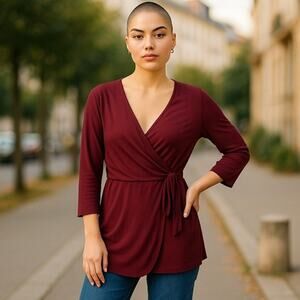 NWT ~ Burgundy Knit Wrap Front Ruched Side Long Sleeve Top ~ Women's Size MEDIUM